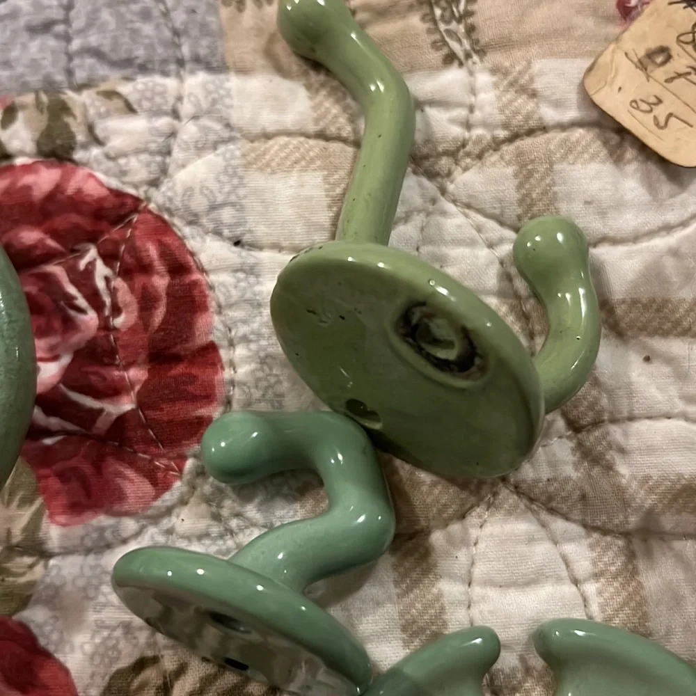 Lot Antique green porcelain cast iron bathroom soap holder hooks toothbrush more